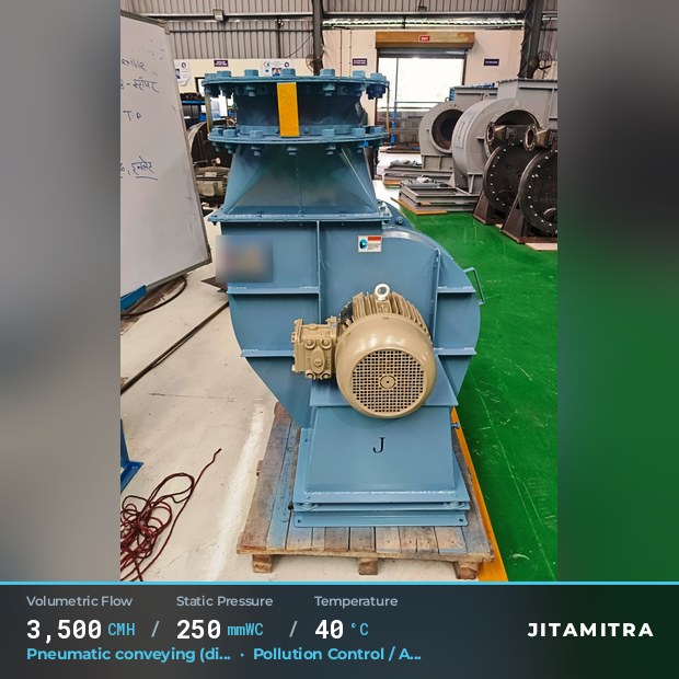 Backward-flat plate fan built by Jitamitra for pneumatic conveying in pollution control OEMs, 3,500 CMH at 250 mmWC and 40 °C