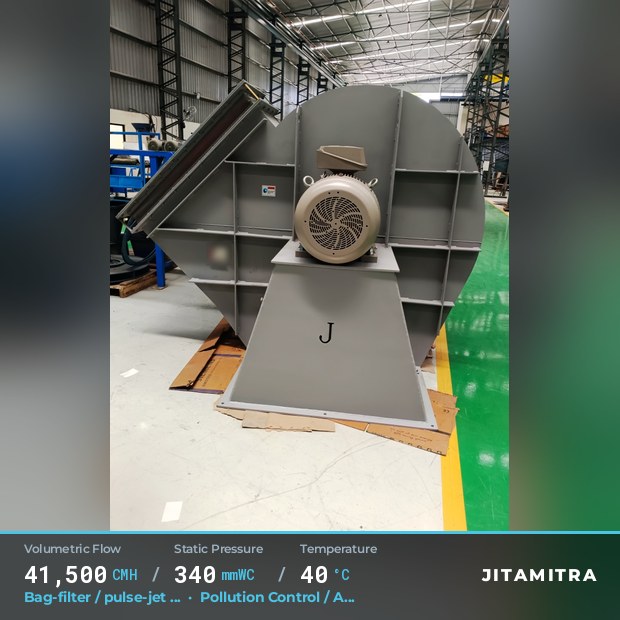 Backward-flat plate fan built by Jitamitra for bag-filter draught in pollution control OEMs, 41,500 CMH at 340 mmWC and 40 °C