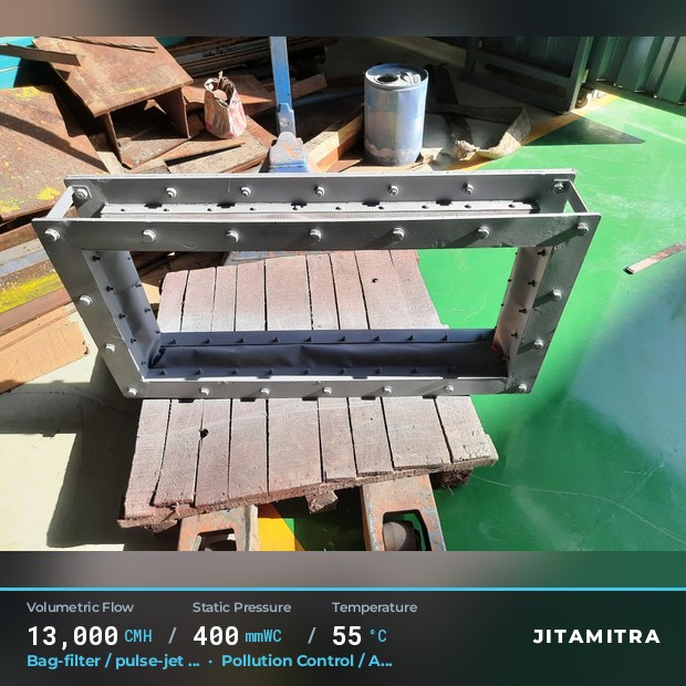 Backward-flat plate fan built by Jitamitra for bag-filter draught in pollution control OEMs, 13,000 CMH at 400 mmWC and 55 °C