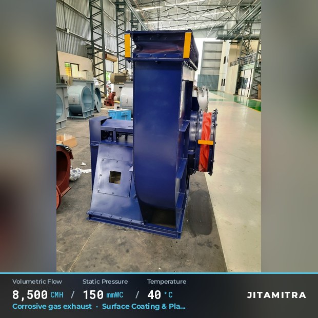 Backward-flat plate fan built by Jitamitra for corrosive gas exhaust, 8,500 CMH at 150 mmWC and 40 °C