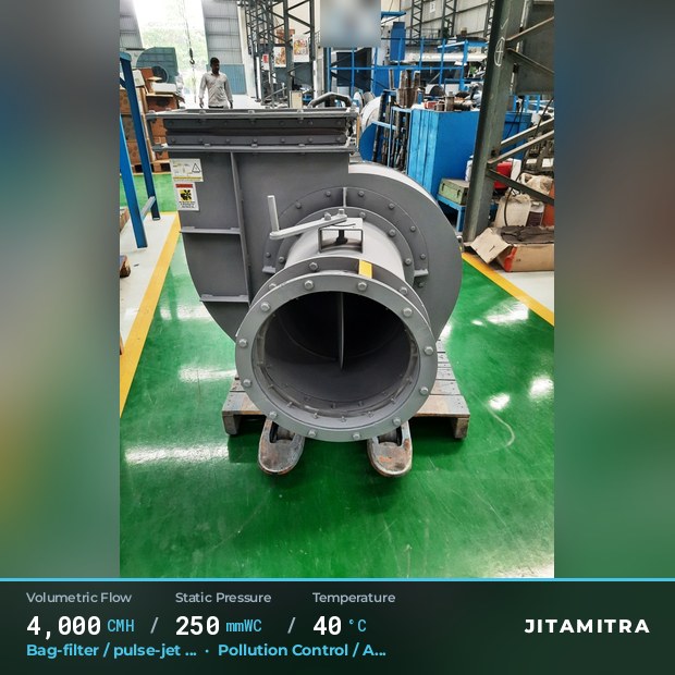 Backward-flat plate fan built by Jitamitra for bag-filter draught in pollution control OEMs, 4,000 CMH at 250 mmWC and 40 °C