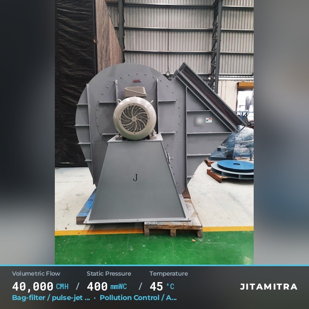 Backward-flat plate fan built by Jitamitra for bag-filter draught in pollution control OEMs, 40,000 CMH at 400 mmWC and 45 °C