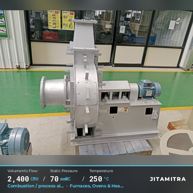 Backward-flat plate fan built by Jitamitra for combustion and process air, 2,400 CMH at 70 mmWC and 250 °C