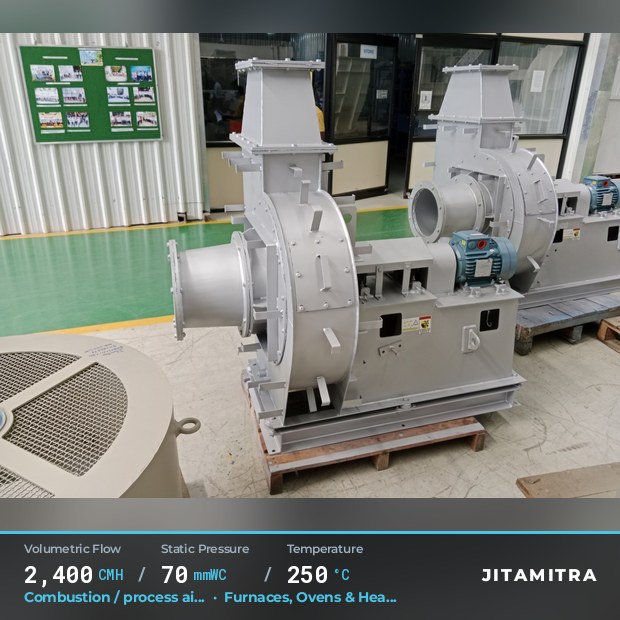 Backward-flat plate fan built by Jitamitra for combustion and process air, 2,400 CMH at 70 mmWC and 250 °C