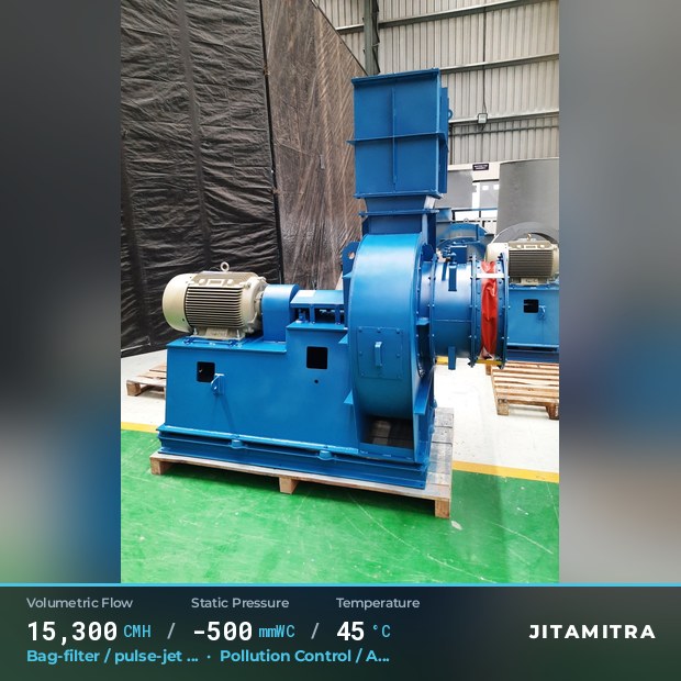 Backward-flat plate fan built by Jitamitra for bag-filter draught in pollution control OEMs, 15,300 CMH at 500 mmWC and 45 °C