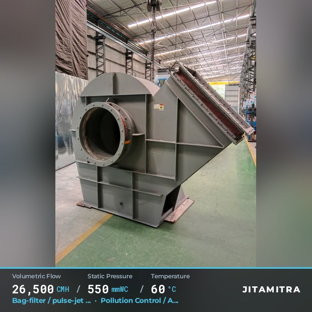 Backward-flat plate fan built by Jitamitra for bag-filter draught in pollution control OEMs, 26,500 CMH at 550 mmWC and 60 °C