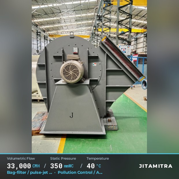 Backward-flat plate fan built by Jitamitra for bag-filter draught in pollution control OEMs, 33,000 CMH at 350 mmWC and 40 °C