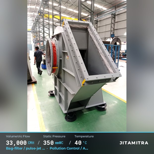 Backward-flat plate fan built by Jitamitra for bag-filter draught in pollution control OEMs, 33,000 CMH at 350 mmWC and 40 °C
