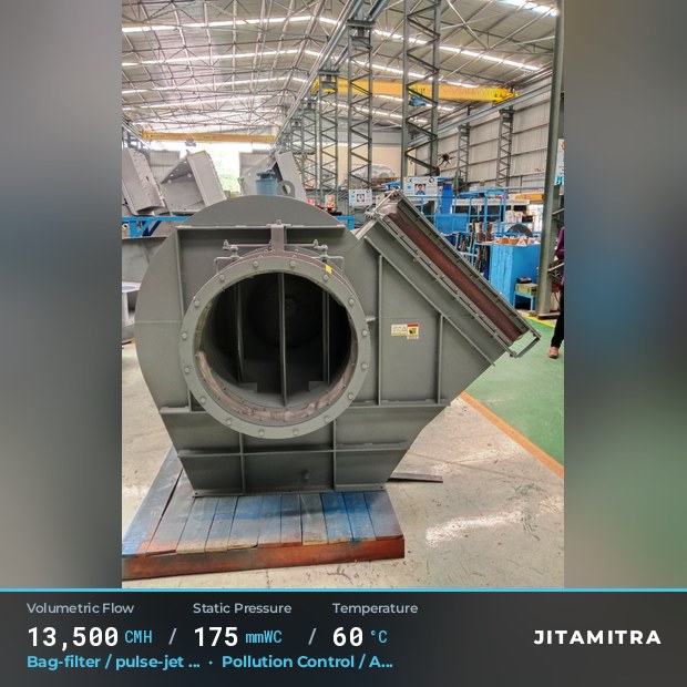 Backward-flat plate fan built by Jitamitra for bag-filter draught in pollution control OEMs, 13,500 CMH at 175 mmWC and 60 °C