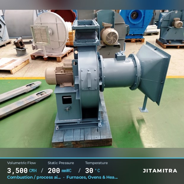 Backward-flat plate fan built by Jitamitra for combustion and process air, 3,500 CMH at 200 mmWC and 30 °C