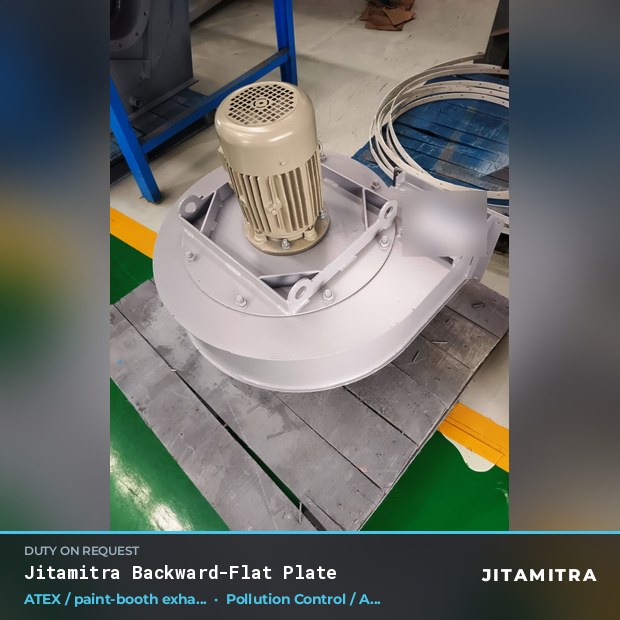 Backward-flat plate fan built by Jitamitra for ATEX paint-booth exhaust in pollution control OEMs