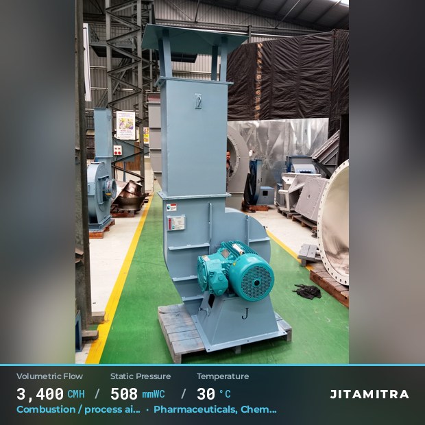 Backward-flat plate fan built by Jitamitra for combustion and process air, 3,400 CMH at 508 mmWC and 30 °C