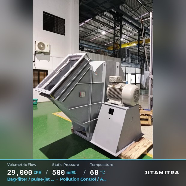 Backward-flat plate fan built by Jitamitra for bag-filter draught in pollution control OEMs, 29,000 CMH at 500 mmWC and 60 °C