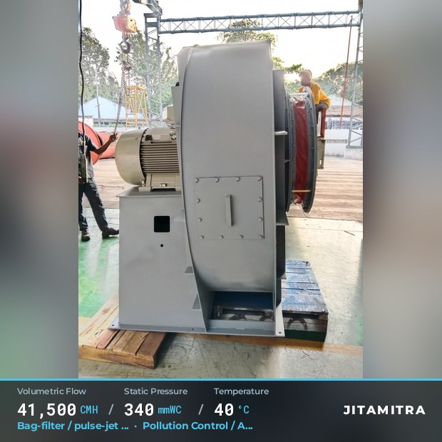 Backward-flat plate fan built by Jitamitra for bag-filter draught in pollution control OEMs, 41,500 CMH at 340 mmWC and 40 °C