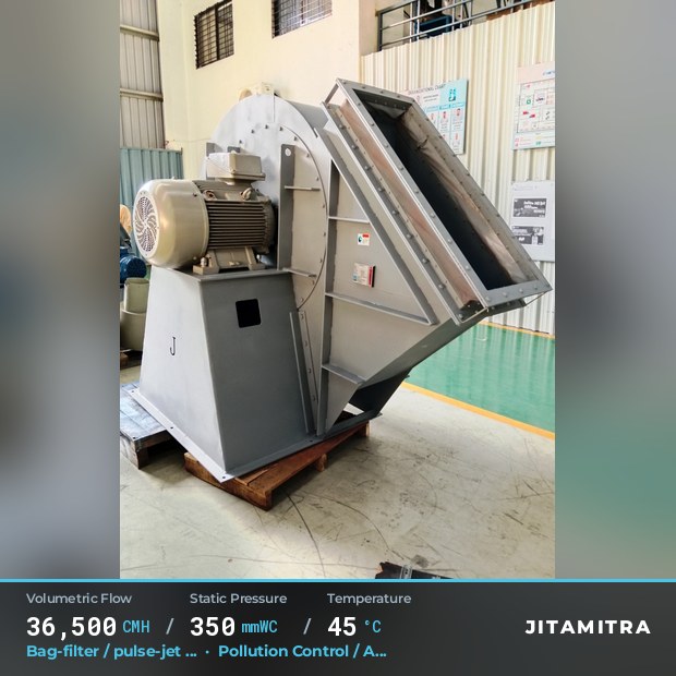Backward-flat plate fan built by Jitamitra for bag-filter draught in pollution control OEMs, 36,500 CMH at 350 mmWC and 45 °C