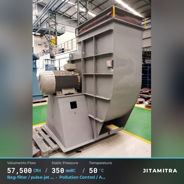 Backward-flat plate fan built by Jitamitra for bag-filter draught in pollution control OEMs, 57,500 CMH at 350 mmWC and 50 °C