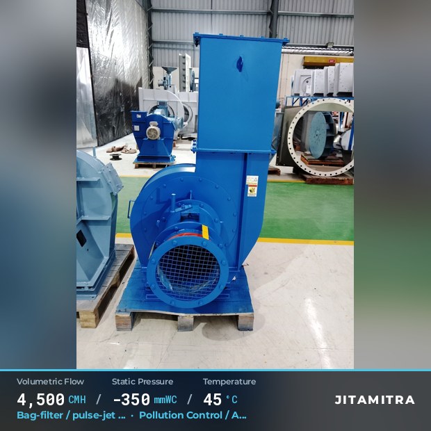 Backward-flat plate fan built by Jitamitra for bag-filter draught in pollution control OEMs, 4,500 CMH at 350 mmWC and 45 °C