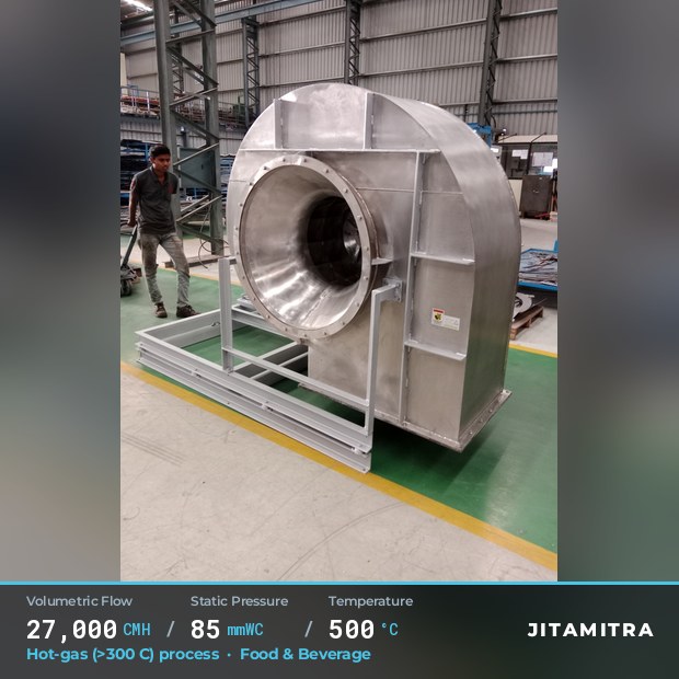 Backward-flat plate fan built by Jitamitra in food and beverage plants, 27,000 CMH at 85 mmWC and 500 °C