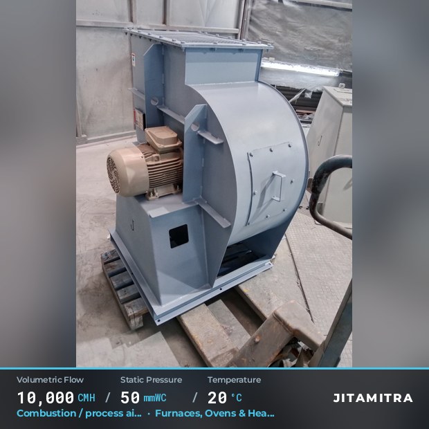 Backward-flat plate fan built by Jitamitra for combustion and process air, 10,000 CMH at 50 mmWC and 20 °C