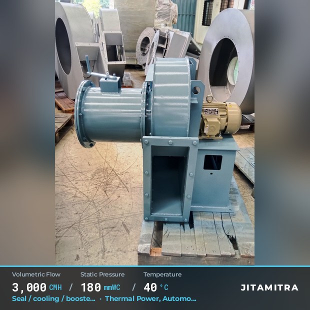 Backward-flat plate fan built by Jitamitra for seal, cooling and booster air, 3,000 CMH at 180 mmWC and 40 °C