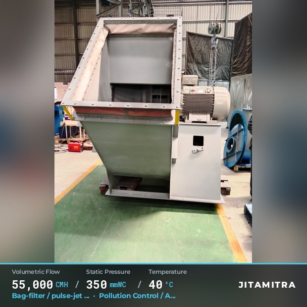 Backward-flat plate fan built by Jitamitra for bag-filter draught in pollution control OEMs, 55,000 CMH at 350 mmWC and 40 °C