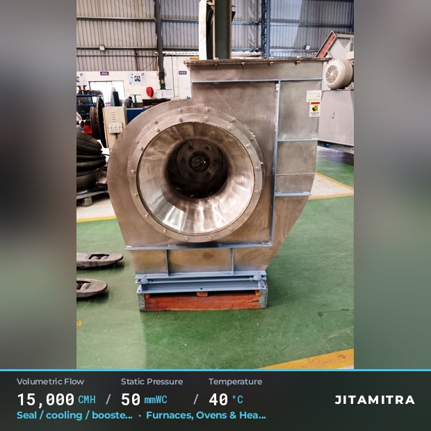 Backward-flat plate fan built by Jitamitra for seal, cooling and booster air, 15,000 CMH at 50 mmWC and 40 °C