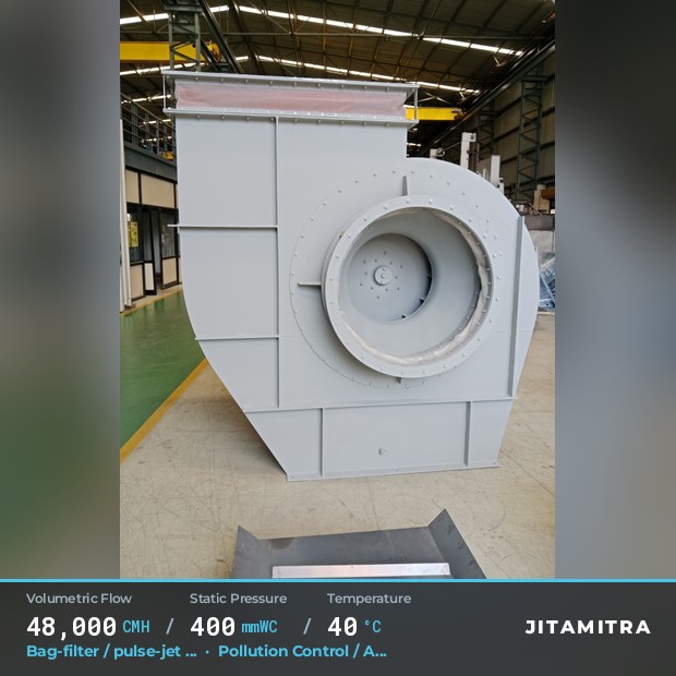 Backward-flat plate fan built by Jitamitra for bag-filter draught in pollution control OEMs, 48,000 CMH at 400 mmWC and 40 °C