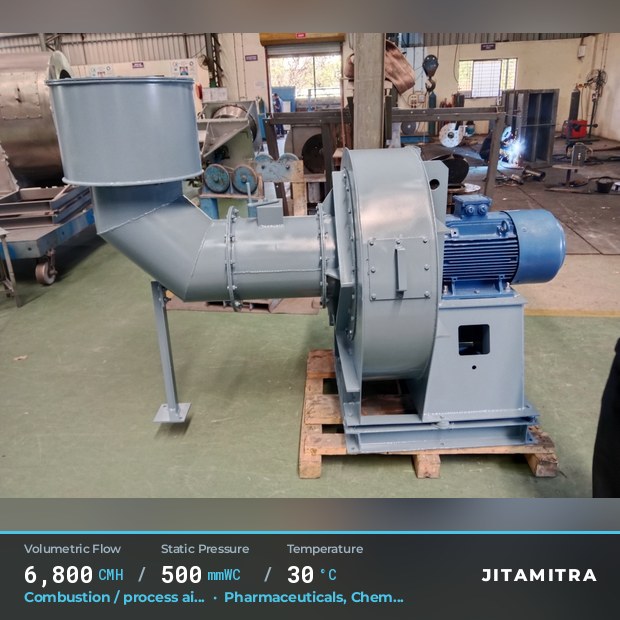 Backward-flat plate fan built by Jitamitra for combustion and process air, 6,800 CMH at 500 mmWC and 30 °C