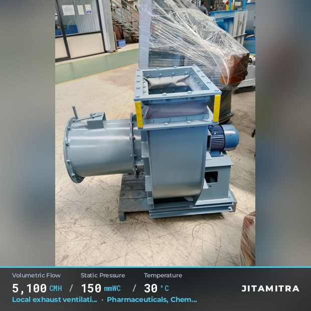 Backward-flat plate fan built by Jitamitra for local exhaust ventilation, 5,100 CMH at 150 mmWC and 30 °C