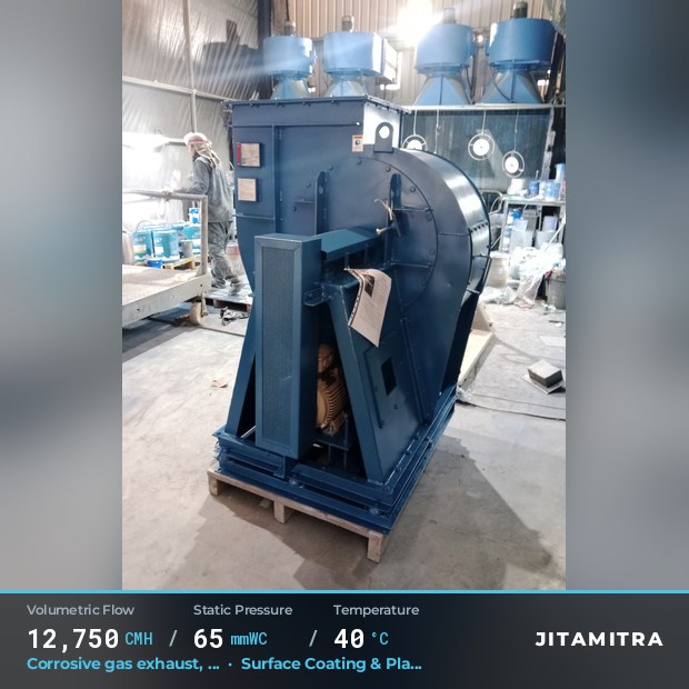 Backward-flat plate fan built by Jitamitra for corrosive gas exhaust, 12,750 CMH at 65 mmWC and 40 °C