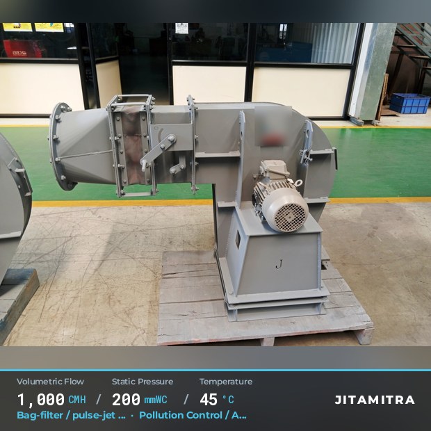 Backward-flat plate fan built by Jitamitra for bag-filter draught in pollution control OEMs, 1,000 CMH at 200 mmWC and 45 °C