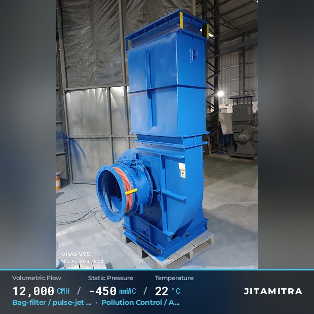 Backward-flat plate fan built by Jitamitra for bag-filter draught in pollution control OEMs, 12,000 CMH at 450 mmWC and 22 °C