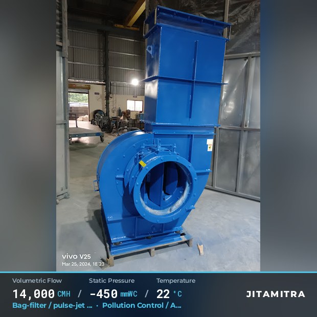 Backward-flat plate fan built by Jitamitra for bag-filter draught in pollution control OEMs, 14,000 CMH at 450 mmWC and 22 °C