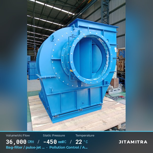 Backward-flat plate fan built by Jitamitra for bag-filter draught in pollution control OEMs, 36,000 CMH at 450 mmWC and 22 °C