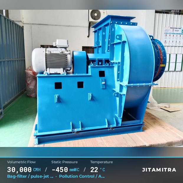 Backward-flat plate fan built by Jitamitra for bag-filter draught in pollution control OEMs, 30,000 CMH at 450 mmWC and 22 °C