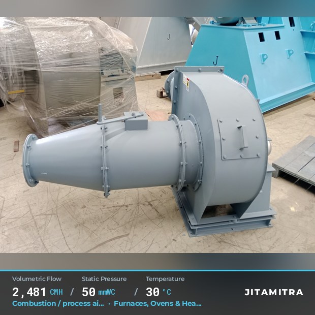 Backward-flat plate fan built by Jitamitra for combustion and process air, 2,481 CMH at 50 mmWC and 30 °C