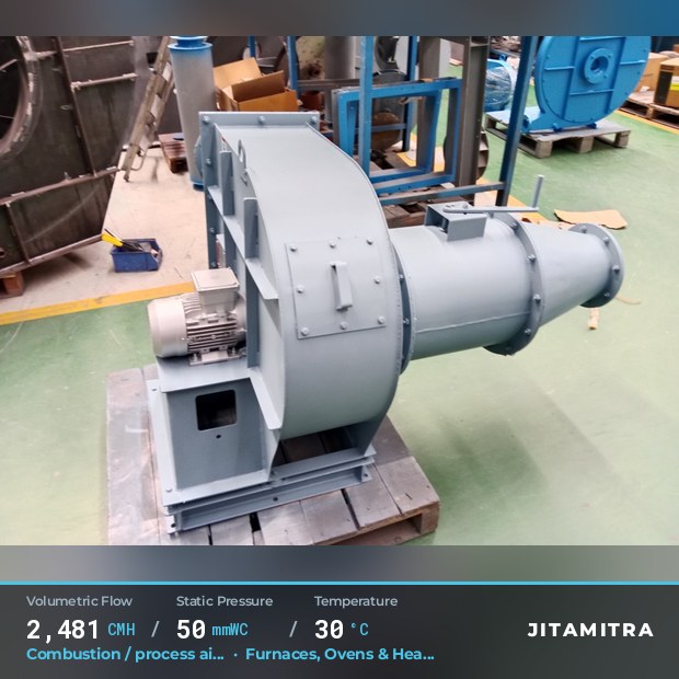 Backward-flat plate fan built by Jitamitra for combustion and process air, 2,481 CMH at 50 mmWC and 30 °C