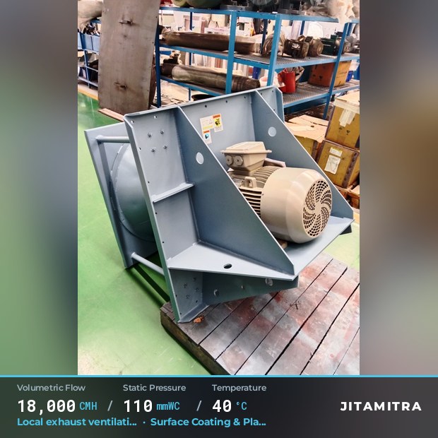 Backward-flat plate fan built by Jitamitra for local exhaust ventilation, 18,000 CMH at 110 mmWC and 40 °C