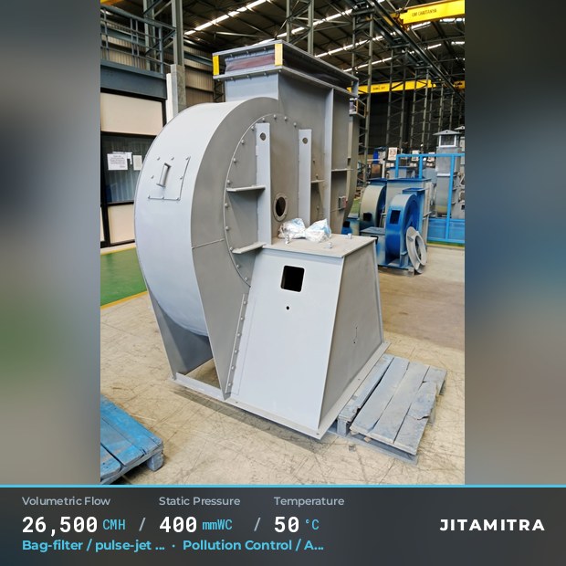 Backward-flat plate fan built by Jitamitra for bag-filter draught in pollution control OEMs, 26,500 CMH at 400 mmWC and 50 °C