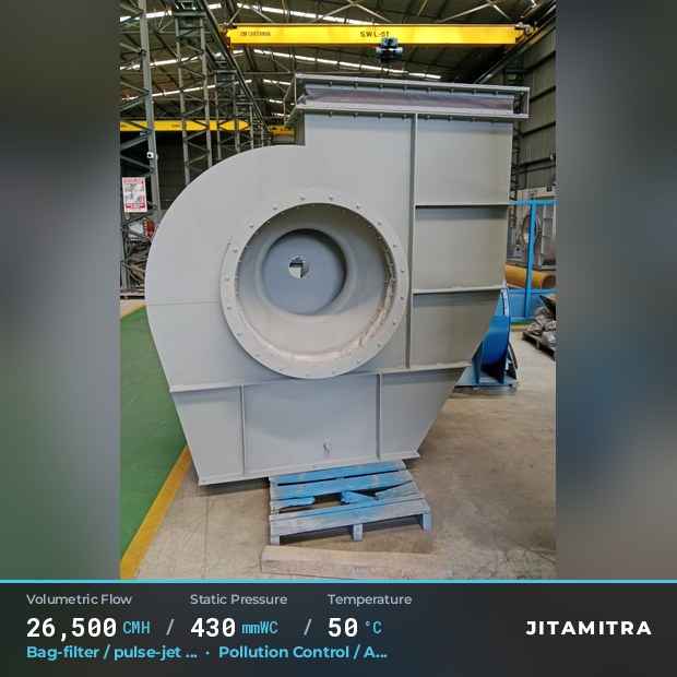 Backward-flat plate fan built by Jitamitra for bag-filter draught in pollution control OEMs, 26,500 CMH at 430 mmWC and 50 °C