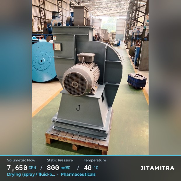 Backward-flat plate fan built by Jitamitra for spray and fluid-bed drying, 7,650 CMH at 800 mmWC and 40 °C