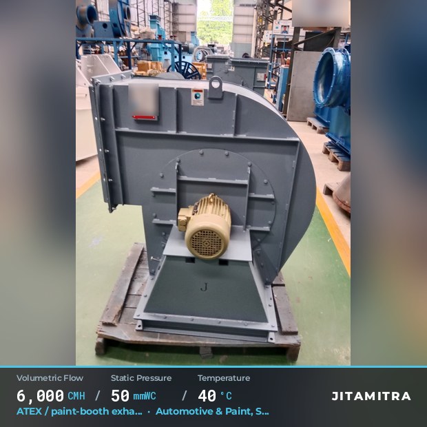 Backward-flat plate fan built by Jitamitra for ATEX paint-booth exhaust, 6,000 CMH at 50 mmWC and 40 °C
