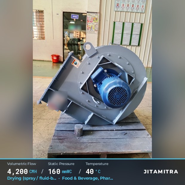 Backward-flat plate fan built by Jitamitra for spray and fluid-bed drying, 4,200 CMH at 160 mmWC and 40 °C