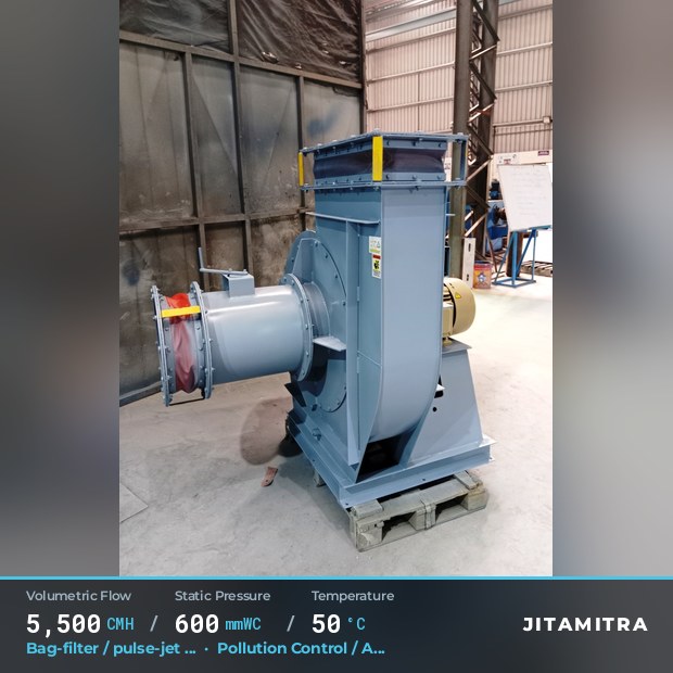 Backward-flat plate fan built by Jitamitra for bag-filter draught in pollution control OEMs, 5,500 CMH at 600 mmWC and 50 °C
