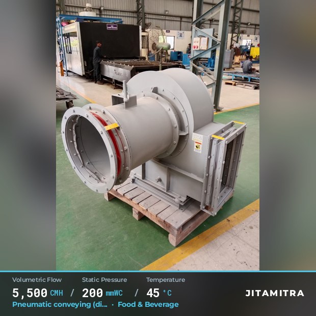 Backward-flat plate fan built by Jitamitra for pneumatic conveying, 5,500 CMH at 200 mmWC and 45 °C