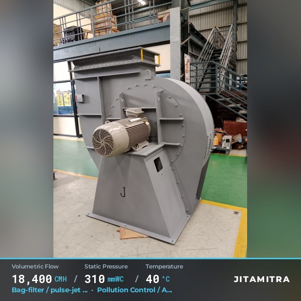Backward-flat plate fan built by Jitamitra for bag-filter draught in pollution control OEMs, 18,400 CMH at 310 mmWC and 40 °C
