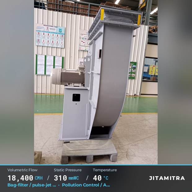 Backward-flat plate fan built by Jitamitra for bag-filter draught in pollution control OEMs, 18,400 CMH at 310 mmWC and 40 °C