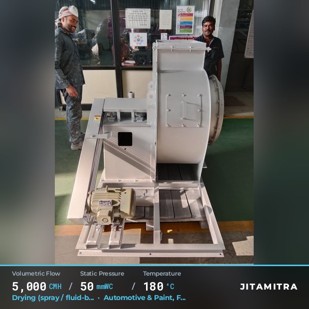 Backward-flat plate fan built by Jitamitra for spray and fluid-bed drying, 5,000 CMH at 50 mmWC and 180 °C