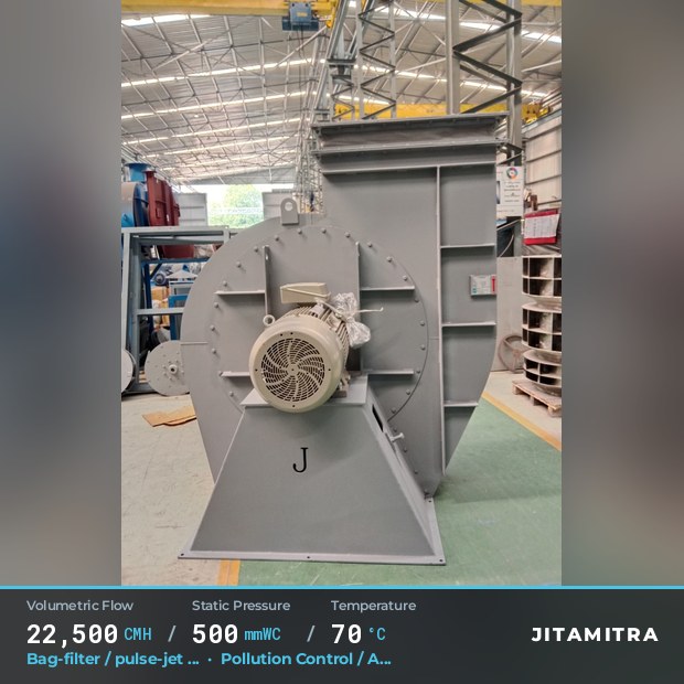 Backward-flat plate fan built by Jitamitra for bag-filter draught in pollution control OEMs, 22,500 CMH at 500 mmWC and 70 °C