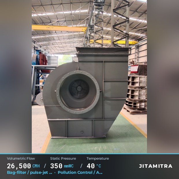 Backward-flat plate fan built by Jitamitra for bag-filter draught in pollution control OEMs, 26,500 CMH at 350 mmWC and 40 °C